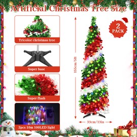 2PCS 5 FT Pop Up Christmas Tree with Colorful Lights, Collapsible Pencil Christmas Tree Artificial Tinsel Skinny Christmas Trees for Home Holiday Indoor Outdoor Xmas Decoration (Green Red White)