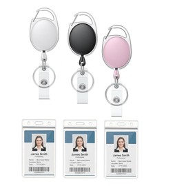 Fashion 3PCS Pack Candy Colors Heavy Duty ID Badge Holders with Clip and Keyring,Vertical Clear Card Holder Fit Up to 3 Cards,Retractable Fiber Pull Cords for Easy Access (Black,White,Pink)