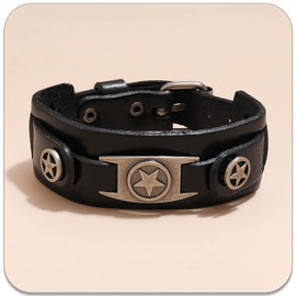 PEAS Punk Jewelry Adjustable Belt Buckle Bracelet Star Leather Cuff Bracelet(Black)