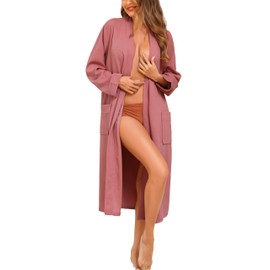 Vlazom Waffle Dressing Gowns Lightweight Kimono Robe Cotton Soft Bathrobe for All Seasons Spa Hotel Nursing Pregnancy Dusky Pink,S