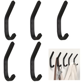 5 Pack Wall Hooks for Hanging Coat - Black Double Hooks with Max Weight Capacity of 50 LB, Coat Hooks Wall Mount, Suitable for Bathroom, Entryway and Closet,Wall Mounted Coat Rack