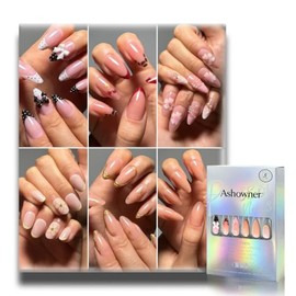 Uñas postizas, 6 paquetes (144 piezas) Set de uñas cortas almendradas estilo francés, diseño floral 3D