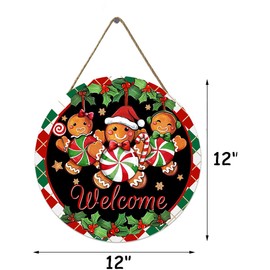 Welcome Christmas Gingerbread Man Front Door Sign, Rustic Wooden Wreath Indoor Wall Hanging Decoration, Stripes Holly Berry Holiday Wooden Wreath Indoor Wall Hanging Decoration 12 Inch