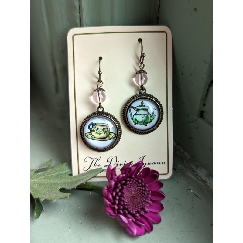 Green Teapot And Teacup Earrings