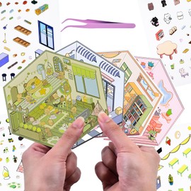4Pcs 3D Fun Mini House Scene Stickers with Tweezers Make Your Own Mini Supermarket Classroom Kitchen Living Room Stickers Scenes Cute Mini Room Craft Scrapbook Stickers for Relief Stress Pass The Time