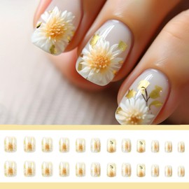 White Press on Nails Short Square Fake Nails with Flower Design Stick on Nails Glossy Glue on Nails Spring Acrylic False Nails Full Cover Artificial Fake Nails Reusable Nails Kit for Women Girls 24Pcs