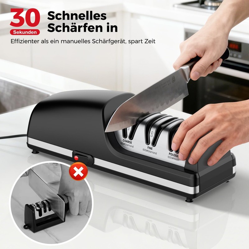 Professional Electric Knife Sharpener, 3-Stage Diamond Abrasive Sharpening System, Replaceable