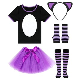 Cozypower 5 Pcs 100 Days of School Kid Cat Costume Set Girl Purple Outfit Tutu Skirt Striped Socks Gloves Headband(L)