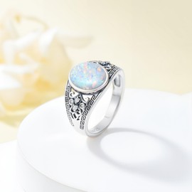 LELOUCHY Vintage Filigree with White Opal Ring 925 Sterling Silver Oxidized Created White Opal Statement Ring Size 6 for Women Gifts