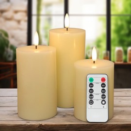 AFINETH Flickering Flameless Candles, Real Wax Battery Operated Candles with Remote, Flat Top Led Flameless Pillar Candles for Home, Wedding, Party Decor, Set of 3, Φ 3" H 4" 5" 6", Ivory