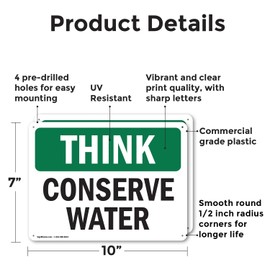 (2 Pack) Conserve Water OSHA Think Sign 10 Inch X 7 Inch Plastic Sign, Weather Resistant, UV Protected for Workplace, Business, and Construction Site, Made in the USA