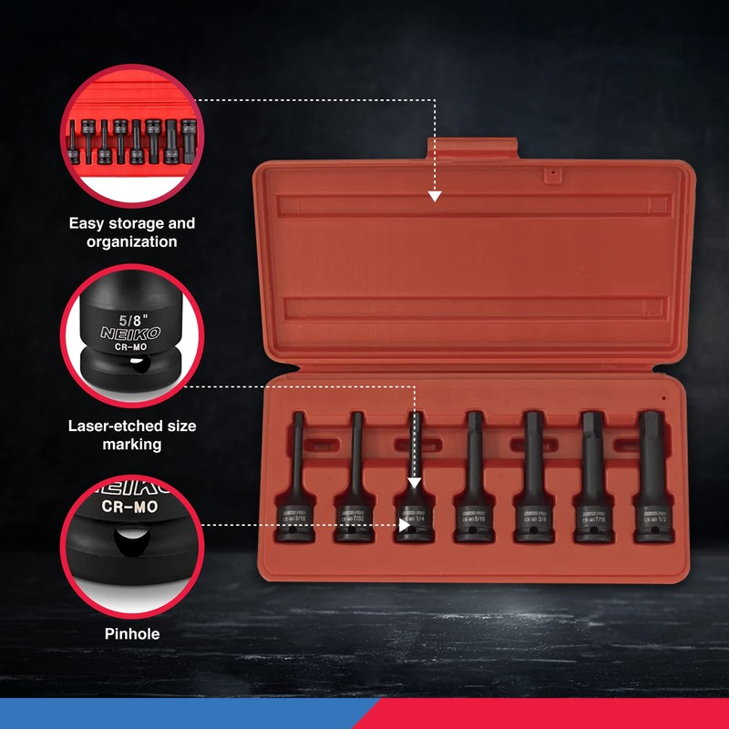 NEIKO 01131B 3/8-Inch-Drive Allen Socket Set, 3-Inch Length, 3/8-Inch Impact