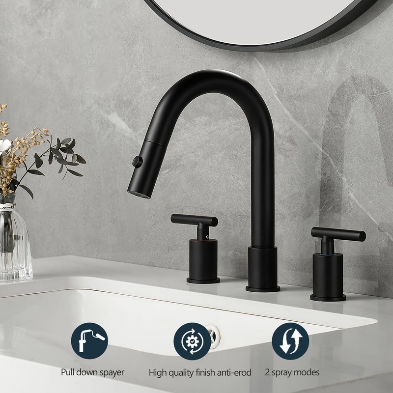 Ryuwanku Matte Black Pull Down Bathroom Faucet with Pop-up Drain,