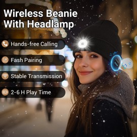 Atapeas LED Beanie Hat with Bluetooth, Rechargeable Beanie Cap for Winter, Headlamp hat, Music & Calls, 3 Light Modes (Unisex) Black