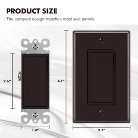 Micmi Brown Light Switch 3-Way, Paddle Decorator Wall Rocker Interrupter Single Pole or Three Way, Residential Grade 3 Wires Grounding Screw 15A 120/277V UL Listed (10 Pack, Glossy Brown)