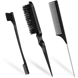 Qufiiry Sleek Bun Brush Set, Double Edge Brush, Teasing Hair Brush Set and Rat Tail Comb, Toupee Brush Set, Bristles, Haircut, Hair Comb for Hairdresser, Women, Children, Pack of 3