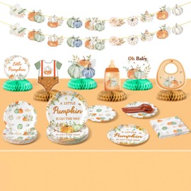 Haooryx Yellow Green Pumpkin Tableware - 105Pcs Fall A Little Pumpkin Baby Shower Decor Floral Disposable Tablecloth Plates Forks Napkins Banner Table Topper Baby Shower Birthday Autumn Party Supply
