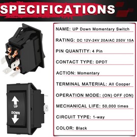 MKBKLLJY UP Down Momentary Reverse Polarity Switch DC 12V-24V 20A / AC 250V 15A DPDT RV Power Jack Switch 4Pin for 5th Wheel Tongue Trailer Stabilizer, with Panel Screw Terminal Wires Sheath