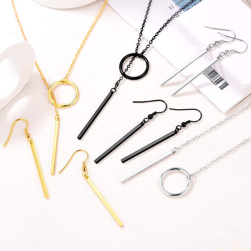 FOCALOOK Black Necklace Earrings Set for Women Long Black Lariat