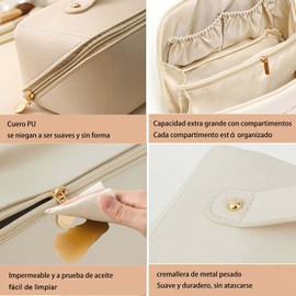 Bolsa De Cosméticos De Viaje De Gran Capacidad, Bolsa De Cosméticos Portátil De Cuero Resistente Al Agua, Bolsa De Cosméticos Multifuncional Para Mujer Con Asas Y Compartimentos (PU Blanco)