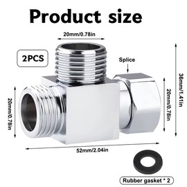 Pack of 2 Brass Chrome T Shape Adapter 1/2 Inch, 3-Way Toilet Diverter Valve Adapter Flush Valve, 3-Way Switch Valve 1/2 Inch, 1/2 Inch Brass T Splitter Joint for Toilets Bathroom Kitchen Sink Bidet