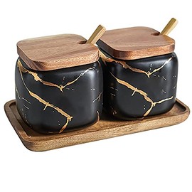2 Sets of Marble Ceramic Sugar Bowl Ceramic Seasoning Jars with Wooden Lid and Wooden Spoon(Black)