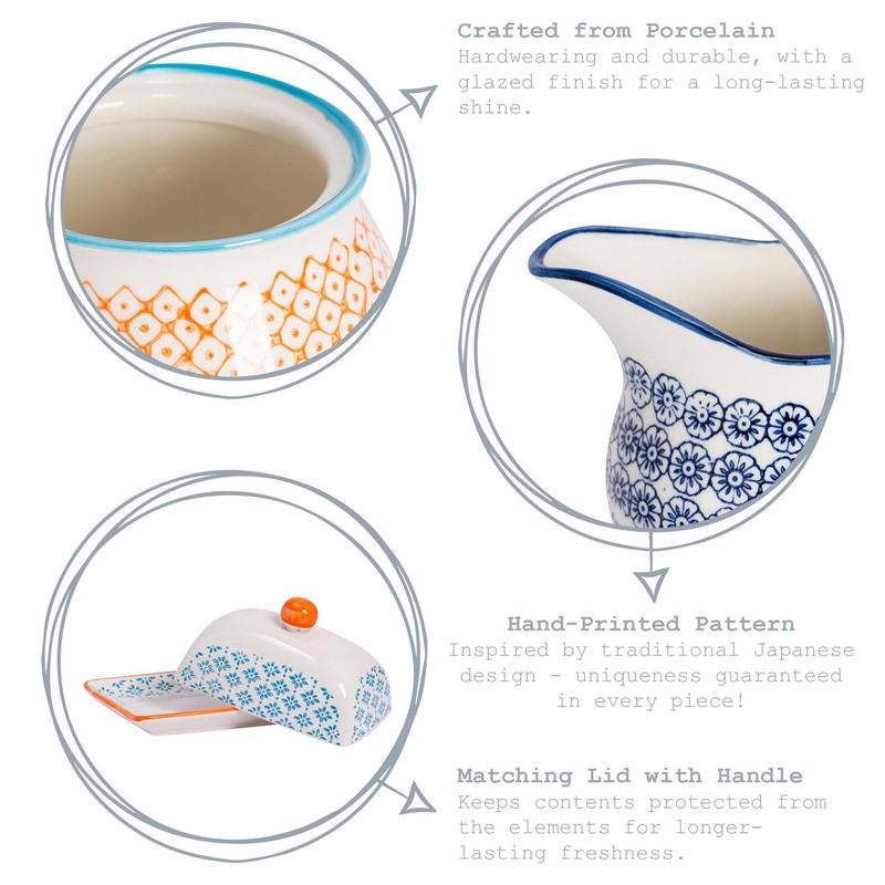 Patterned Sugar Bowl/Pot with Lid - Blue/Orange