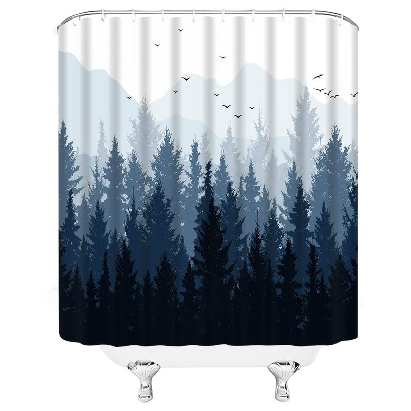 Misty Forest Shower Curtain Blue Mountain Pine Tree Jungle Birds
