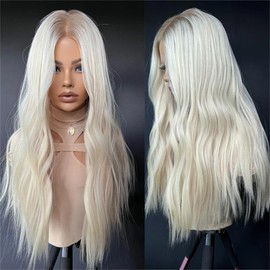 RHAH Synthetic Hair Cosplay Wigs for Women Lady Ombre White Icy Blonde Lace Front Wig Natural WAve Glueless Long Blond Colored Daily Wear Party Wig High Heat Resiatant Wavy Pre Plucked Hairline