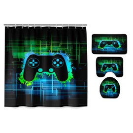 4 Pcs Gamepad Controller Shower Curtain - Game Shower Curtain Set Video Gamepad Bathroom Set with Rug,Toilet Cover,U Shaped Mat and 12 Hooks,70 X 70
