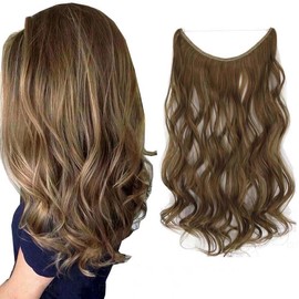 LaLuLoLi Hair Extensions Natural Synthetic Hair 18inch 80g Long Thick Wavy Hairpieces #12/24 Light Golden Brown and Golden Blonde Piano Color Invisible Fish Line Wire Curly Hair Extensions for Women