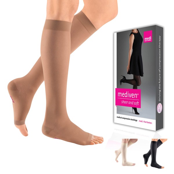 mediven sheer & soft for Women, 20-30 mmHg Calf High Open Toe Compression Stockings, Natural, II-Standard