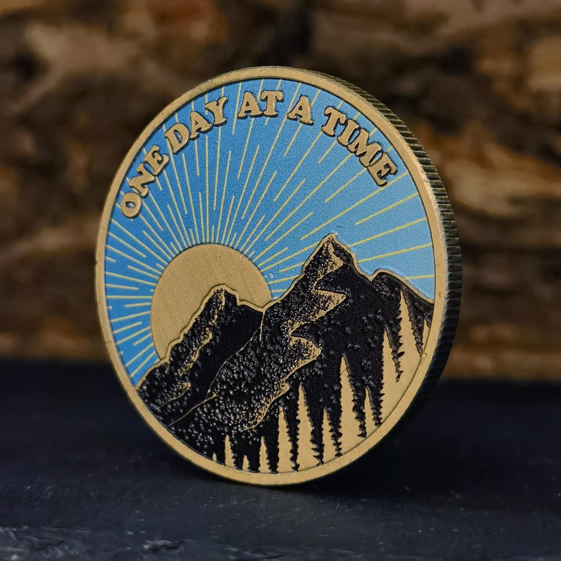 One Day at A Time Sobriety Coin Mountain Sunrise AA