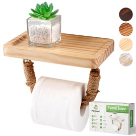 Perfeso.L Modern Log-Color Toilet Paper Holder with Wooden Shelf Farmhouse Bathroom Decor–Rustic Nautical Rope Beach Towel Rack–Wall Mounted Coastal Toilet Tissue Roll Holder–Natural Wood