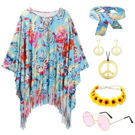 IWTBNOA Hippie Costume Women's Set with Hippie Accessories, Hippie Poncho, 60s 70s Clothing Women, Clothing Disco Outfit, Schlager Outfit Women for Theme Party, Cosplay, Carnival, Fancy Dress