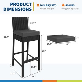 Patio Wicker Barstools With Cushions, Outdoor Wicker Bar Stools Set of 2, Outdoor Rattan Bar Height Stool Set Armless for Backyard, Poolside