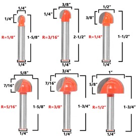 8 Pcs Core Box Router Bit Set 1/4 Inch Shank, 2 Flute Carbide Tipped Round Nose Router Bits,Professional Round Groove Bit for Woodworking