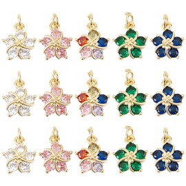 DELORIGIN 15PCS Cubic Zirconia Flower Charms Gold Plated Floral Metal Pendants Bling Birtnstone Petal Charms with Jump O Rings for Jewelry Making DIY Pendants Necklaces Earrings Crafts, Cubic Zirconia