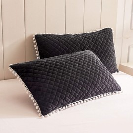 LIFEREVO 2 Pack Diamond Quilted Crystal Velvet Mink Pillowcases Pompoms Fringe Zipper Closure (Black, King)