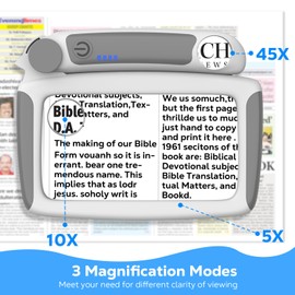 MoKo Magnifying Glass for Reading, Rechargeable 5/20/45X Full Page Book Magnifier, Magnifying Glass with Light 3 Modes, Folding Handheld Reading Magnifiers for Seniors Elderly Low Visions, Grey