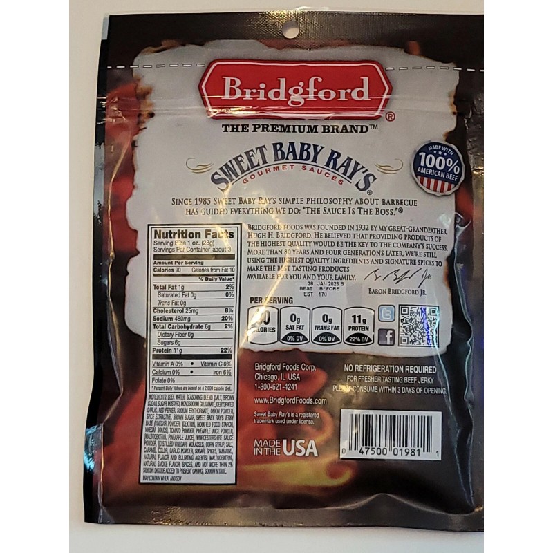 Bridgeford sweet baby rays beef jerky (original) 2.85 oz