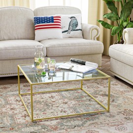 Glass Coffee Table Modern Center Table,Minimalist Coffee Table Sofa Side Tea Table for Living Room,Tempered Glass-top with Sturdy Metal Frame, Easy Assembly,26.4 x 26.4 x 15.7 Inches, Gold