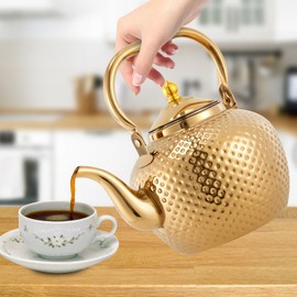 Retro Stainless Steel Tea Kettle with Strainer Attachment Heat Resistant Removable Stainless Steel Filter Strainer Gold Tea Maker Teapot for Induction Cookers All Hobs 2 L