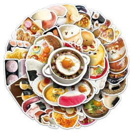 50Pcs Cute Sushi Roll Kawaii Japanese Food Vinyl Waterproof Stickers,Japanese Cuisine Stickers for Party Decorations,Gift Pack for Kids, Girls, Teens, Adults (JCuisine)