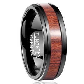 TUNGSTORY 8mm Black Tungsten Ring Hawaiian Koa Wood Mens Wedding Ring Bands with Step Edges Comfort Fit Size Y