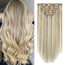 Aison Ash Blonde Mixed Bleach Blonde Clip in Hair Extensions Real Human Hair 85G/7Pcs 16clips Real Human Hair Extensions for Women 18 Inc