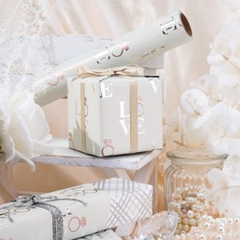 LeZakaa Reversible Wedding Wrapping Paper Roll, Love with Ring & Plaid Design Silver Foil for Wedding, Engagement, Bridal Shower, Anniversay, Large Roll, 30 inches x 32.8 Feet (92.9 sq.ft.)