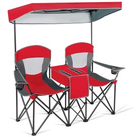 COSTWAY Double Camping Chair, Portable Camping Chair with Canopy, Cup Holder, Iced Bag, Storage Bag, Carrying Bag, Folding Loveseat for Adults, Outdoors Sport, Red