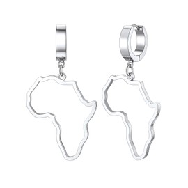 FaithHeart African Map Huggie Hoop Earrings for Women Silver Drop Dangle Earrings Stainless Steel African Continent Outline Earrings