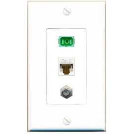 RiteAV 1 Port Fiber Optic Jack SC Simplex APC + Cat6 + Coax Wall Plate - 1 Gang White